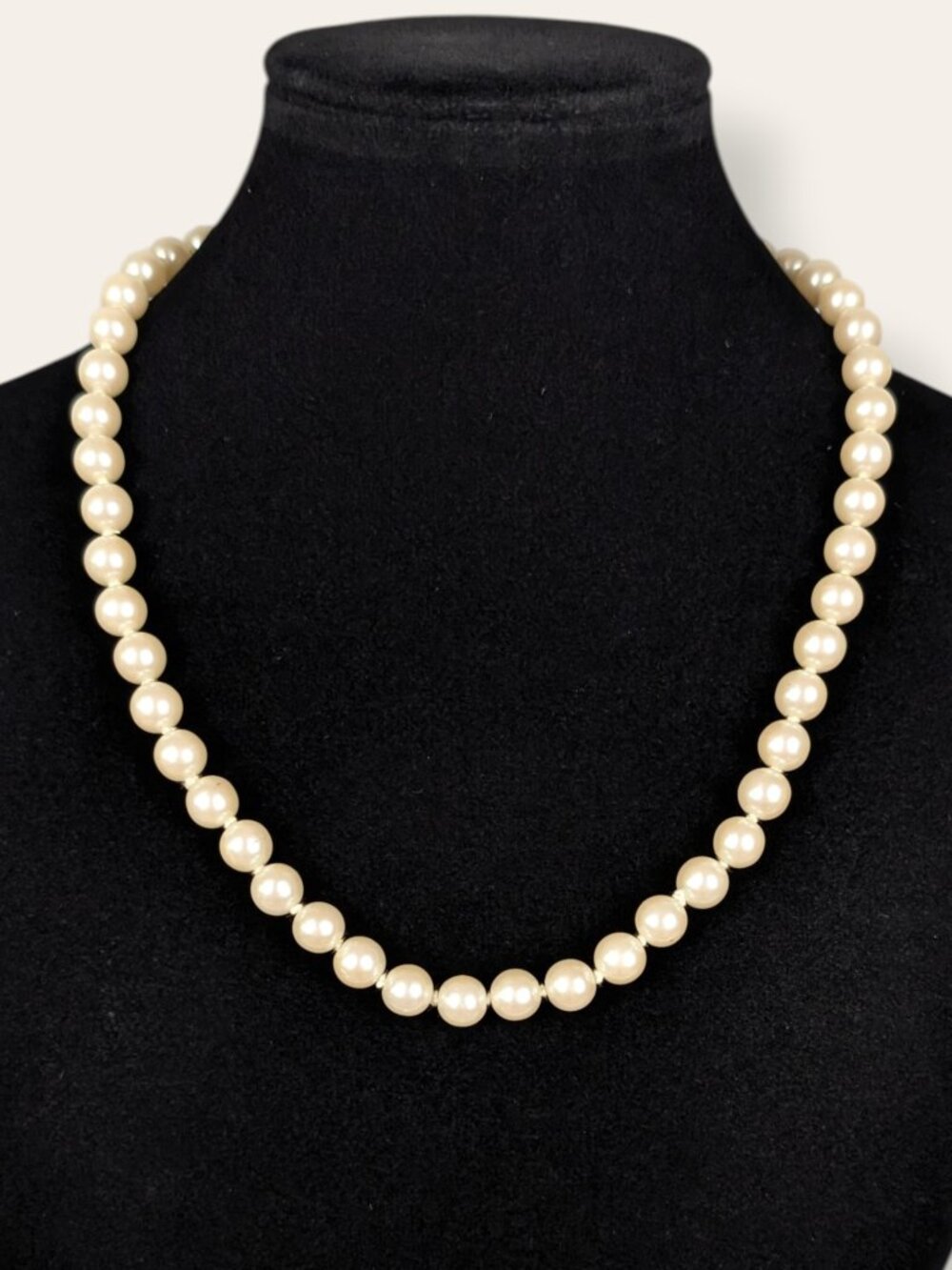 Vintage 8mm Off-White / Beige Knotted Faux Pearl Necklace